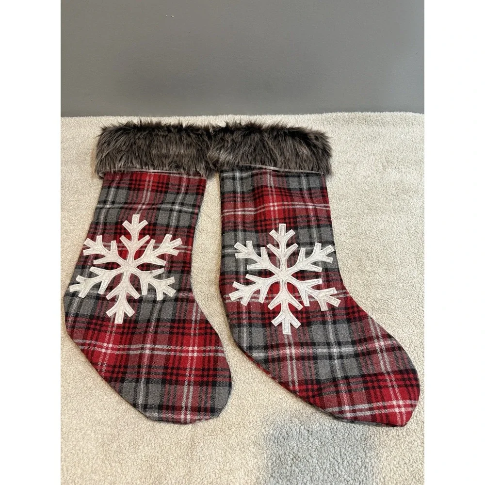 Lot Of 2 Plaid Stockings With Fur And Snow Flakes Farmhouse Decor Christmas